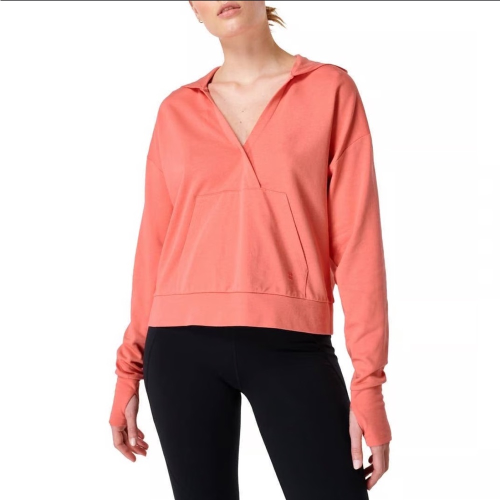 Sweaty Betty Pink Modal Deep V-Neck Long Sleeve Athletic Sweatshirt Hooded M